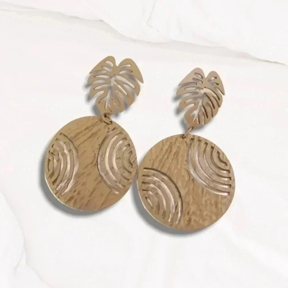 Anthropologie Palm Leaf Stencil Statement Drop Dangle Earrings
